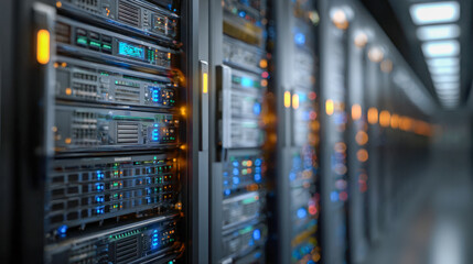 Modern data center with illuminated high-performance servers and networking equipment in a secure environment showcasing advanced technology infrastructure and conne
