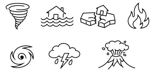 Hand drawn line art natural disaster set featuring tornado, flood, earthquake, fire, hurricane, storm, and volcano eruption for risk communication