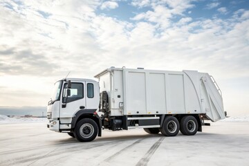 Garbage Truck Parked on Snowy Ground With Cloudy Sky in the Background