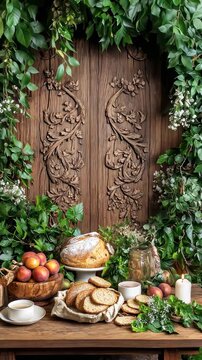Rustic kitchen table with fresh bread, fruits, and herbs against ornate wood paneling