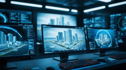 Futuristic control room with glowing blue digital screens displaying city maps and data. - Powered by Adobe