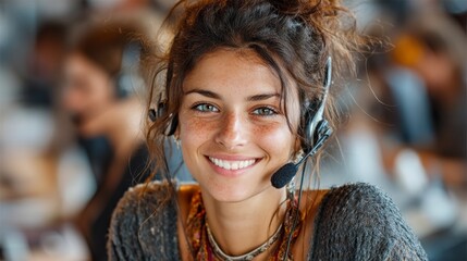 Smiling call center agent with headset in a busy office environment helping customers