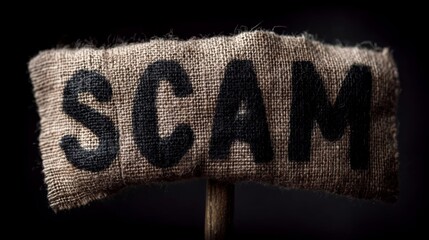 Burlap sign reading scam on a wooden stake against a dark background, conveying fraud and warning