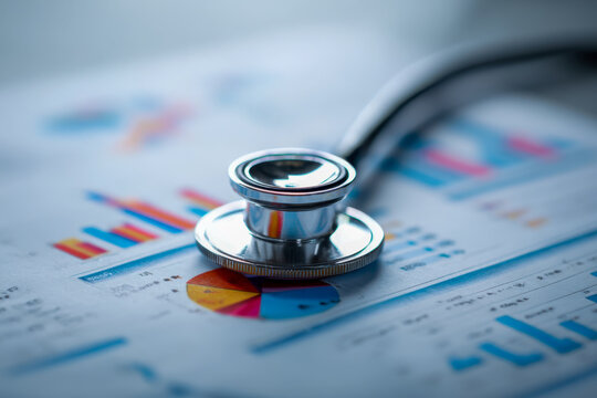 Stethoscope resting on colorful business charts and graphs symbolizing healthcare analytics and medical data analysis concept with financial impact