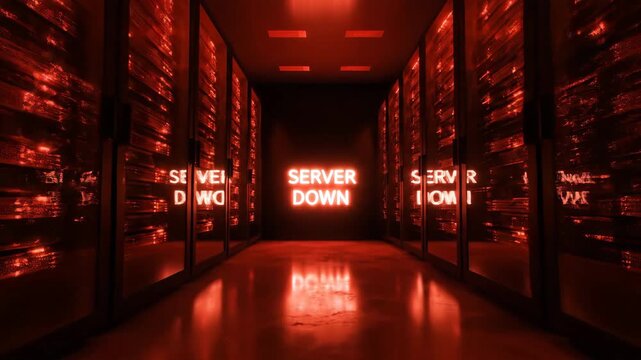 Interior of a dark server room with rows of illuminated server racks and a 'SERVER DOWN' message.