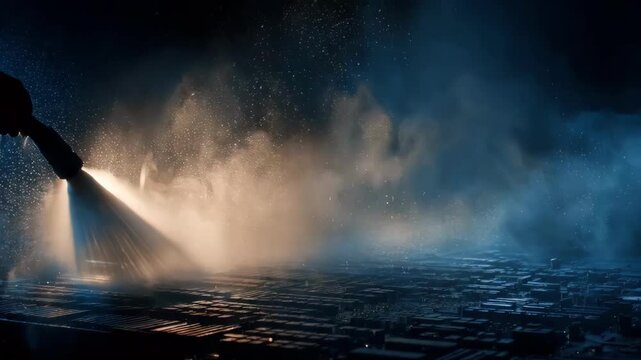Medium shot of compressed air being applied to a circuit board blowing away dust particles and debris for optimal operation and reliability.