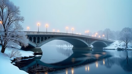 Winter bridge reflecting on water, snow-covered, cold urban