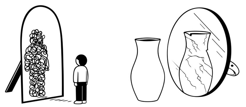 Distorted Self-Perception. Seeing Yourself Differently Than Reality, Identity Conflict, Body Image Issues and Low Self-Esteem Illustrated Through Reflection and Inner