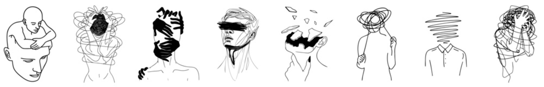 Mental Health Set, Human Head and Face with Broken Thoughts, Inner Conflict, Anxiety, Identity Loss, Emotional Suppression and Sensory Overload, Psychological Disorders, Overthinking 