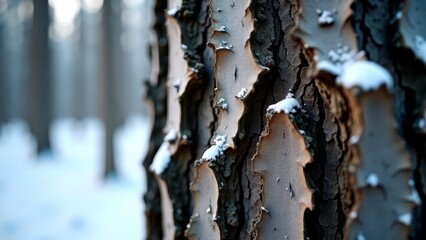 Tree bark close up in winter, natural and rough texture