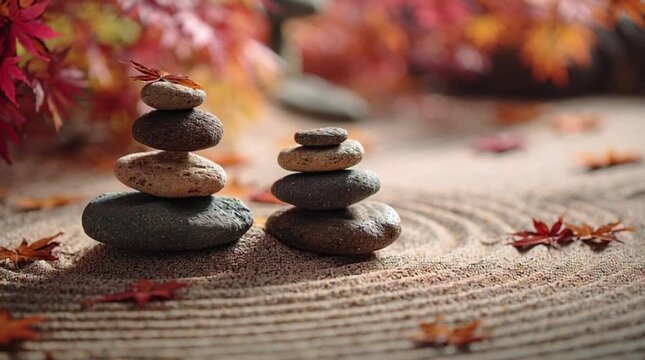 Serene zen garden with stacked stones and autumn leaves