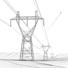High voltage transmission systems. Electric pole. Power lines. Energy pylons. Black outlines image on white background. A network of interconnected electrical. Vector design illustration