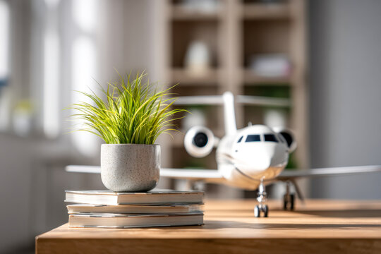 Modern office desk featuring a potted green plant on stacked notebooks with a miniature white private jet model in soft focus background on wooden surface