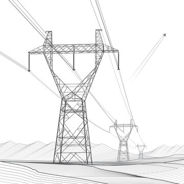 High voltage transmission systems. Electric pole. Power lines. Energy pylons. Black outlines image on white background. A network of interconnected electrical. Vector design illustration