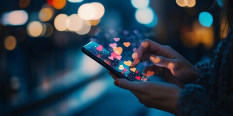 A person holding a smartphone with brightly lit heart emojis displayed on the screen in front of a dark and illuminated city street backdrop.