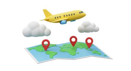 Bright yellow cartoon 3D airplane flying above soft white clouds and a stylized world map with red location pins on a transparent background, concept of global travel planning