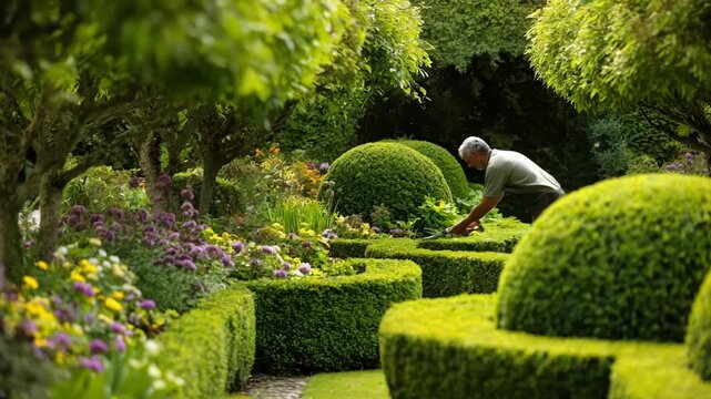 Medium shot of a gardener pruning and shaping neatly trimmed shrubs in a formal perennial border with symmetrical flower arrangements.