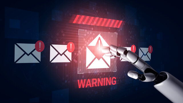 A robotic hand interacts with a digital warning alert on an email interface, showcasing cybersecurity threats in a modern, high-tech environment. Gantry - Powered by Adobe