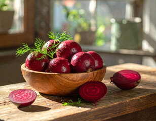 Fresh organic red beets in a rustic wooden bowl under warm sunlight. Vibrant vegetables on a wooden table, perfect for healthy lifestyle, vegan cooking, and organic food photography.
