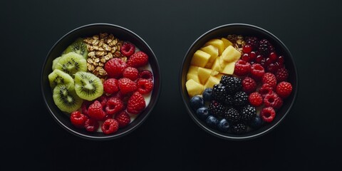 Fresh fruit displayed in two round black bowls