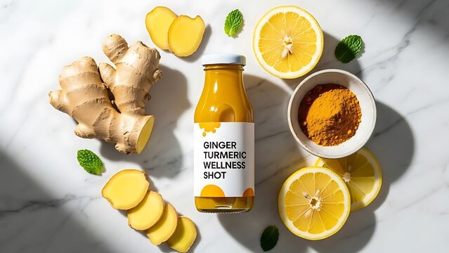 A vibrant overhead shot of a ginger turmeric wellness shot with associated fresh ingredients