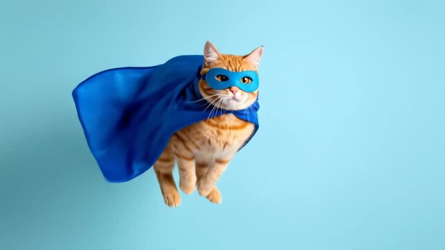 Superhero Cat Flying with Blue Cape.