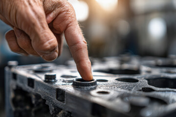 Skilled technician inspecting engine cylinder head component closely by pressing gasket seal during mechanical repair in a workshop environment