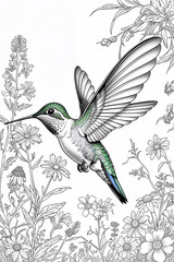 Obraz premium Hummingbird and Wildflowers coloring page style