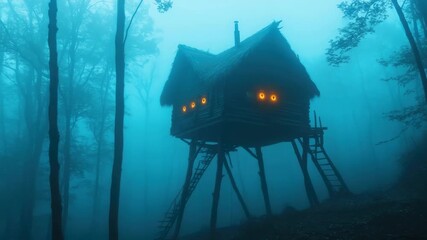 Enigmatic treehouse in misty forest glows with eerie nighttime ambiance