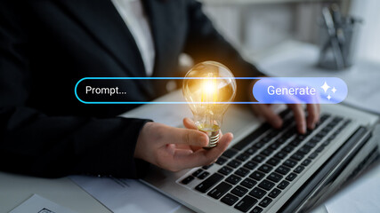 A business professional engages in creative brainstorming at a modern workspace, highlighting the connection between technology and innovative thinking with a glowing light bulb. Gantry