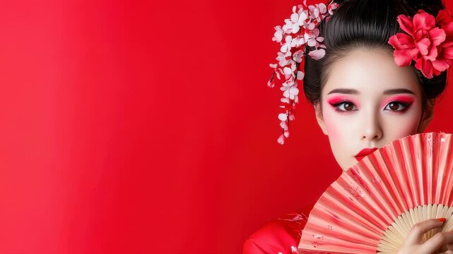 Elegant geisha with floral adornments holding a red fan against vibrant background