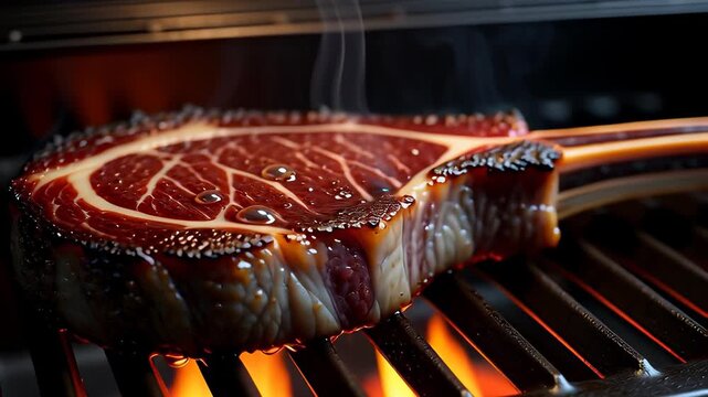 Juicy tomahawk steak grilling on hot barbecue grates with rising smoke in a cinematic close-up, visualizing gourmet summer dining concepts.