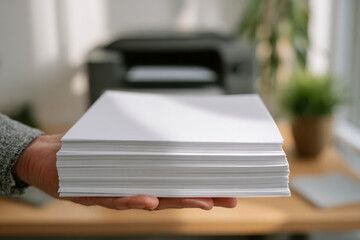 Person holding a large thick stack of blank white printer paper sheets prepared for office or home printing tasks against a blurred indoor workspace background