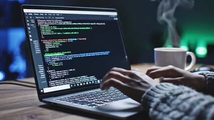Person coding on laptop showing lines of code near coffee cup - Powered by Adobe