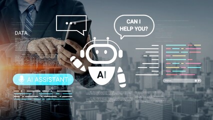 Businessman using AI technology for data analysis and communication, showcasing robot assistant in modern urban environment with digital interfaces and graphics Gluon.