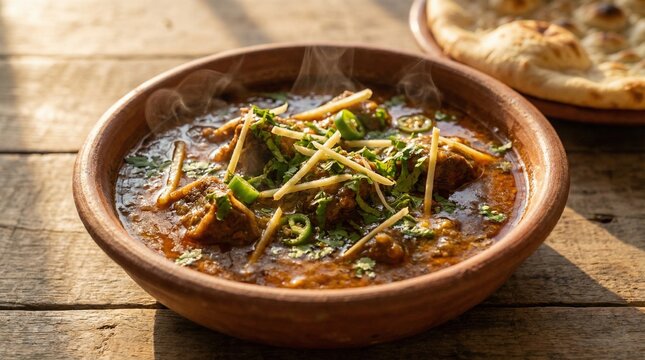 Ultra-Realistic Pakistani Beef Nihari in Clay Bowl with Warm Morning Light and Cinematic Style
