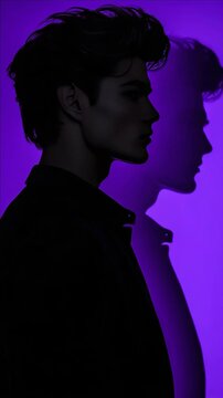 Group of three musicians posing against purple background, dark clothing, emo hairstyles, stylized portraits