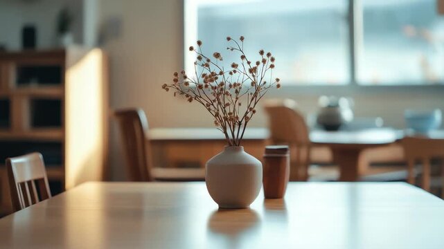 Coffee shop with empty tables and vases on the table.
