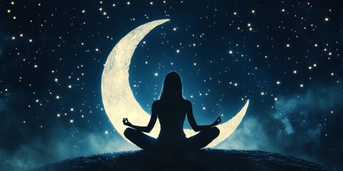 A person meditating on a hill under a full moon and starry sky.