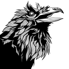 Obraz premium Vector illustration of a raven in dark graphic style. Black and white bird with detailed feathers, mystical and gothic aesthetic, isolated on white background.
