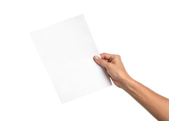 Fototapeta premium Hand Holding Blank White Paper Sheet on Clean Background for Message, Mockup, and Design Template Transparent PNG