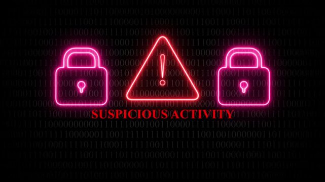Neon pink locks and red exclamation mark with suspicious activity text
