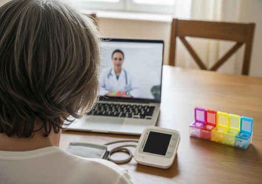 Patient Having Telehealth Video Consultation with Doctor at Home Table