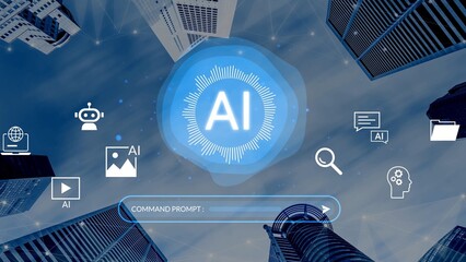 Futuristic Cityscape Featuring AI Concepts with Digital Interface, Technology Icons, and High-Rise Buildings Against a Dramatic Sky Gluon.