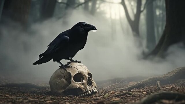 Mysterious Raven Perched on a Skull in a Foggy Forest.
