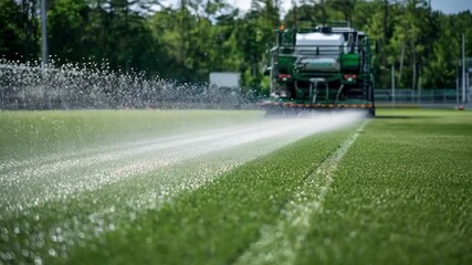 Medium shot showing hydroseeding technique applied on sports fields evenly distributing seed blends for lush turf growth.