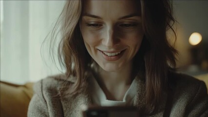 Woman with warm smile, focused on phone screen, in softly lit room.