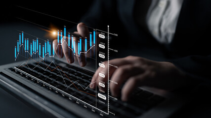 A finance professional conducts stock market analysis using digital tools and graphs. The image portrays technology in business for effective investment decisions. Scalp