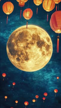 A vibrant celebratory scene with a large, full moon and floating Chinese lanterns against the night sky.