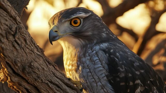 Brown bird with yellow eyes perched on branch.